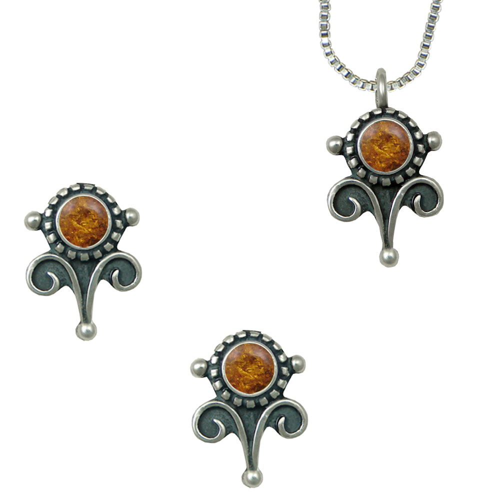 Sterling Silver Necklace Earrings Set Amber